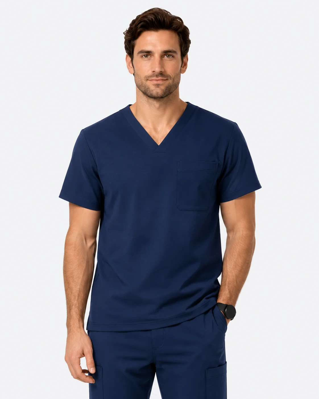 Male medical professional wearing a navy V-neck scrub top