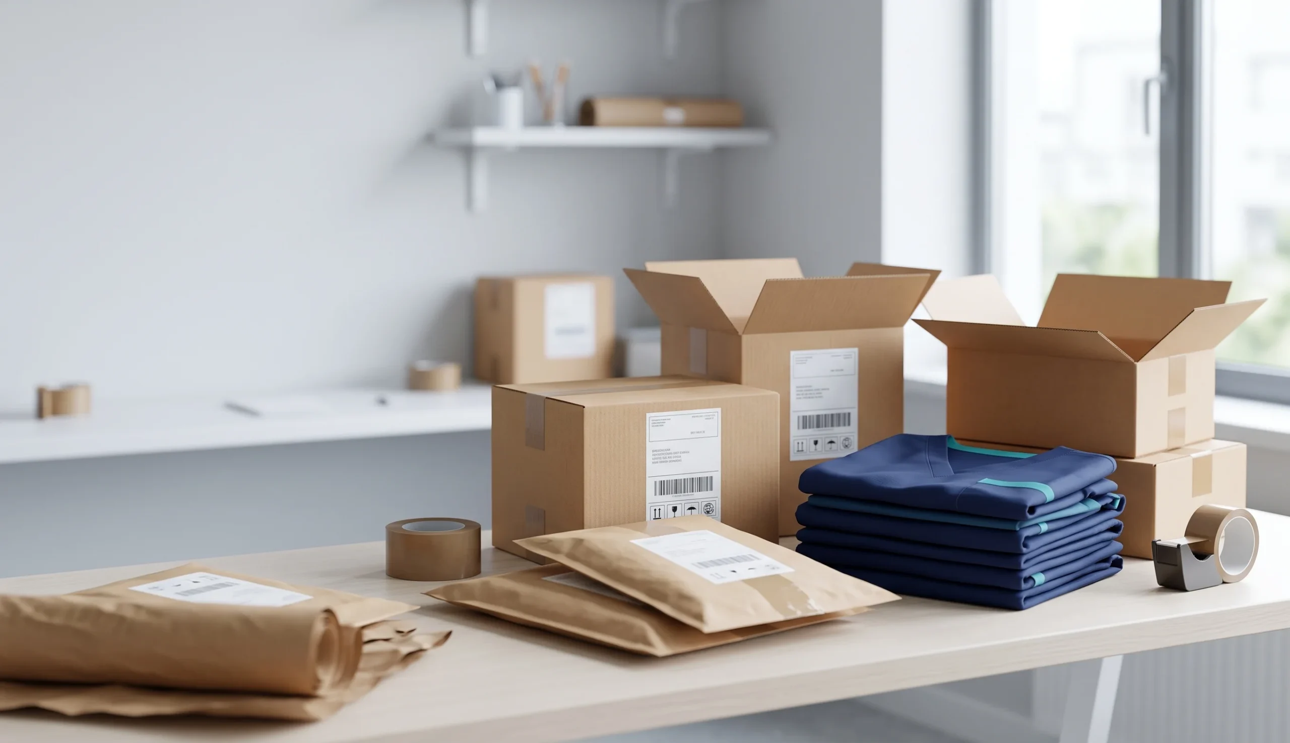 Medical scrubs prepared for shipment