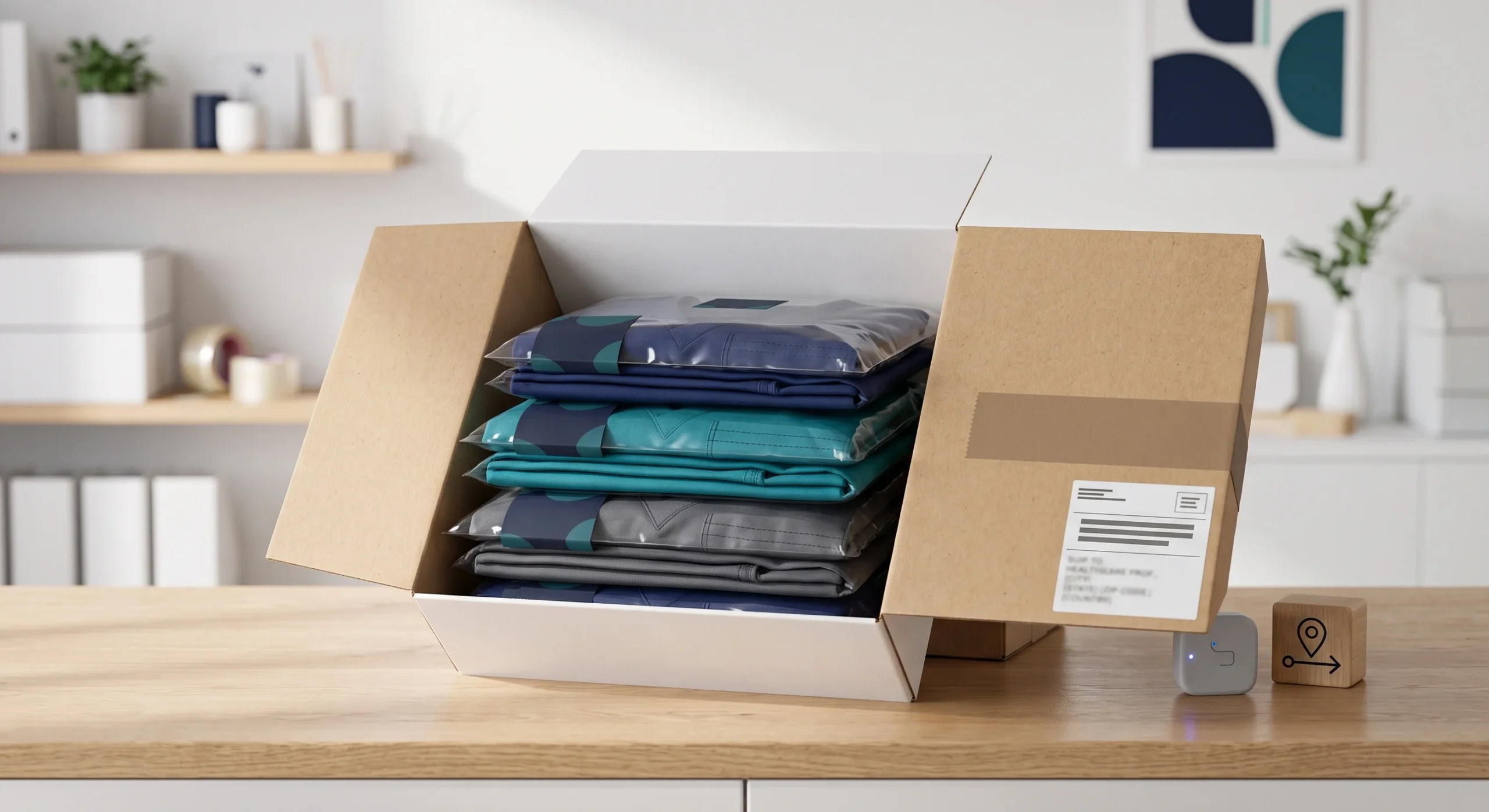 Medical scrubs shipment prepared for delivery