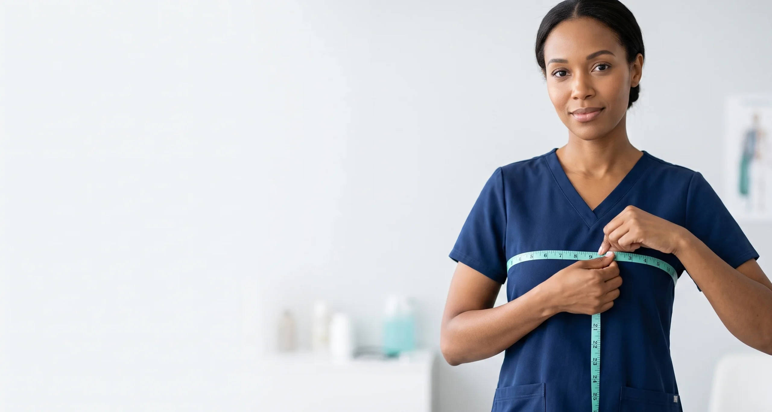 Healthcare professional measuring for medical scrub size
