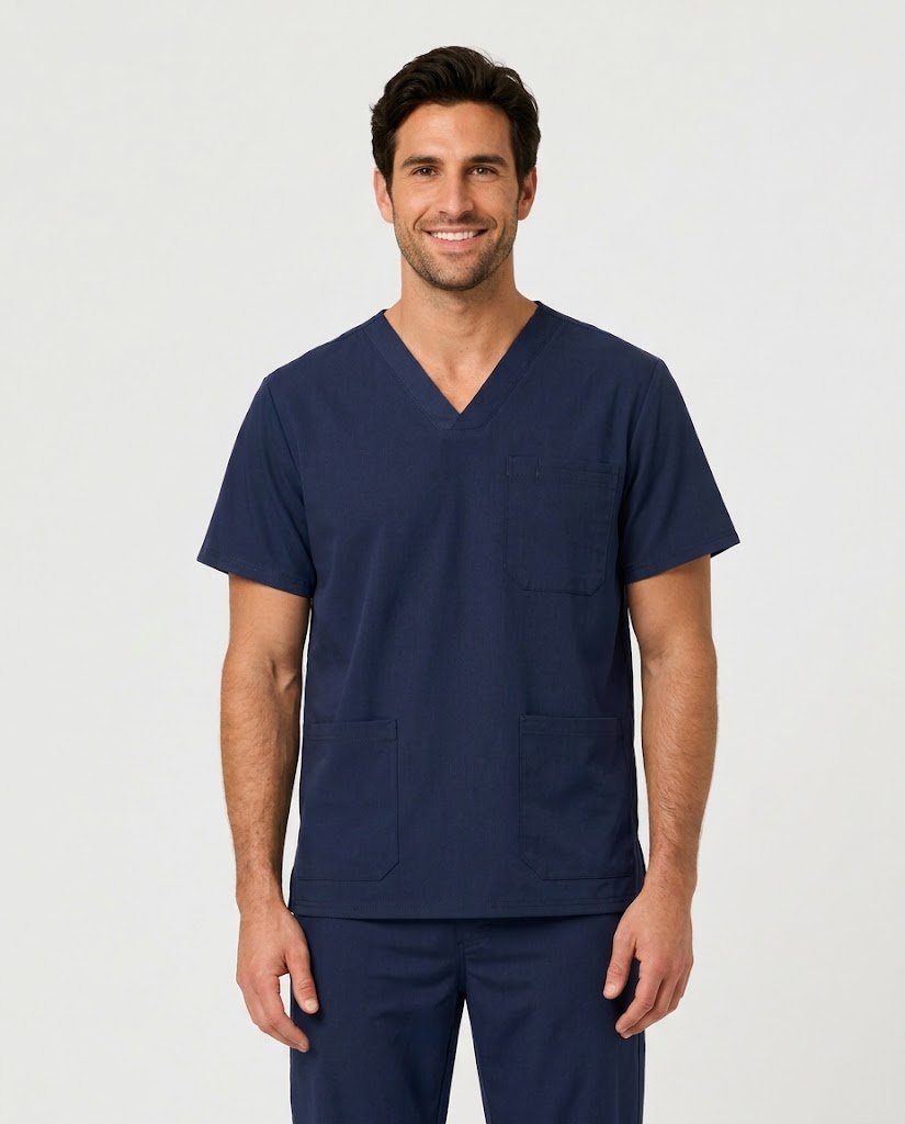 Medical professional wearing relaxed classic fit navy blue scrubs