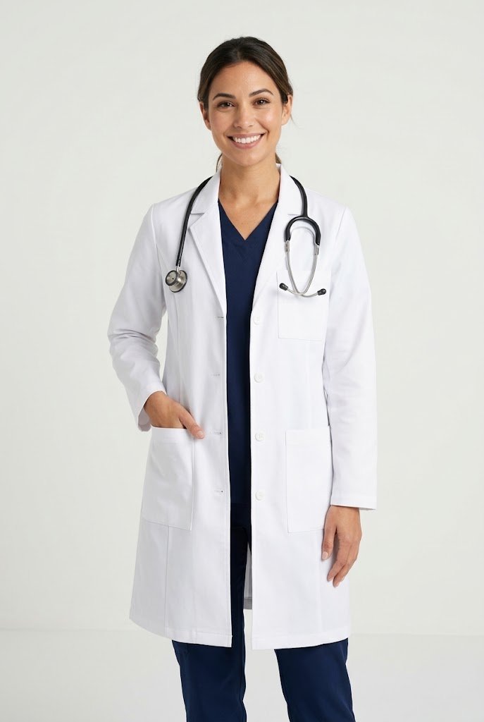 model wearing medical lab coat