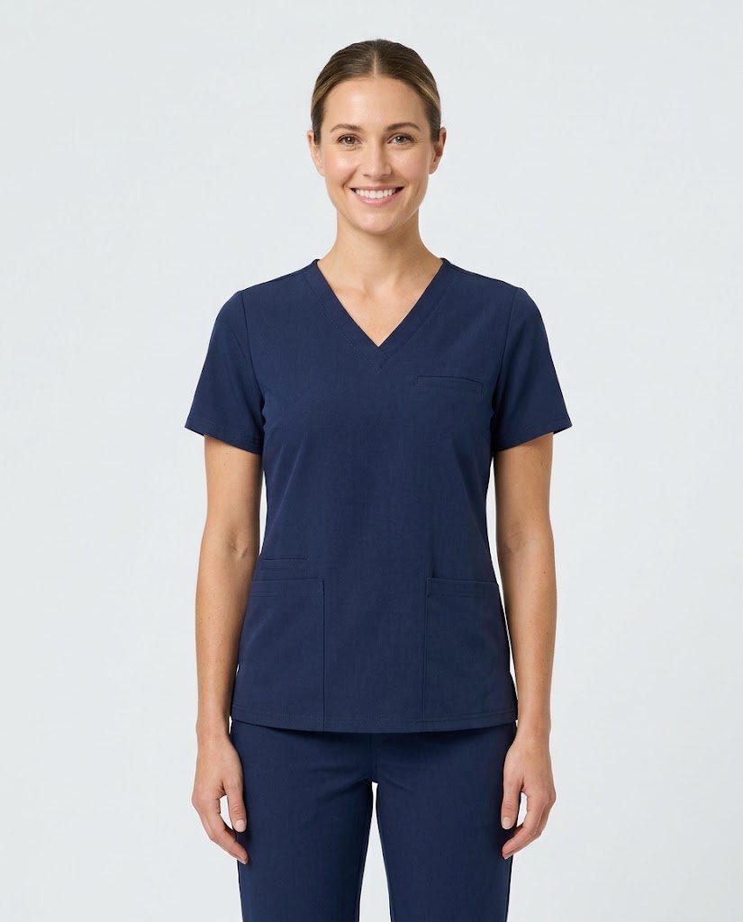 Female healthcare professional wearing athletic modern fit navy blue scrubs